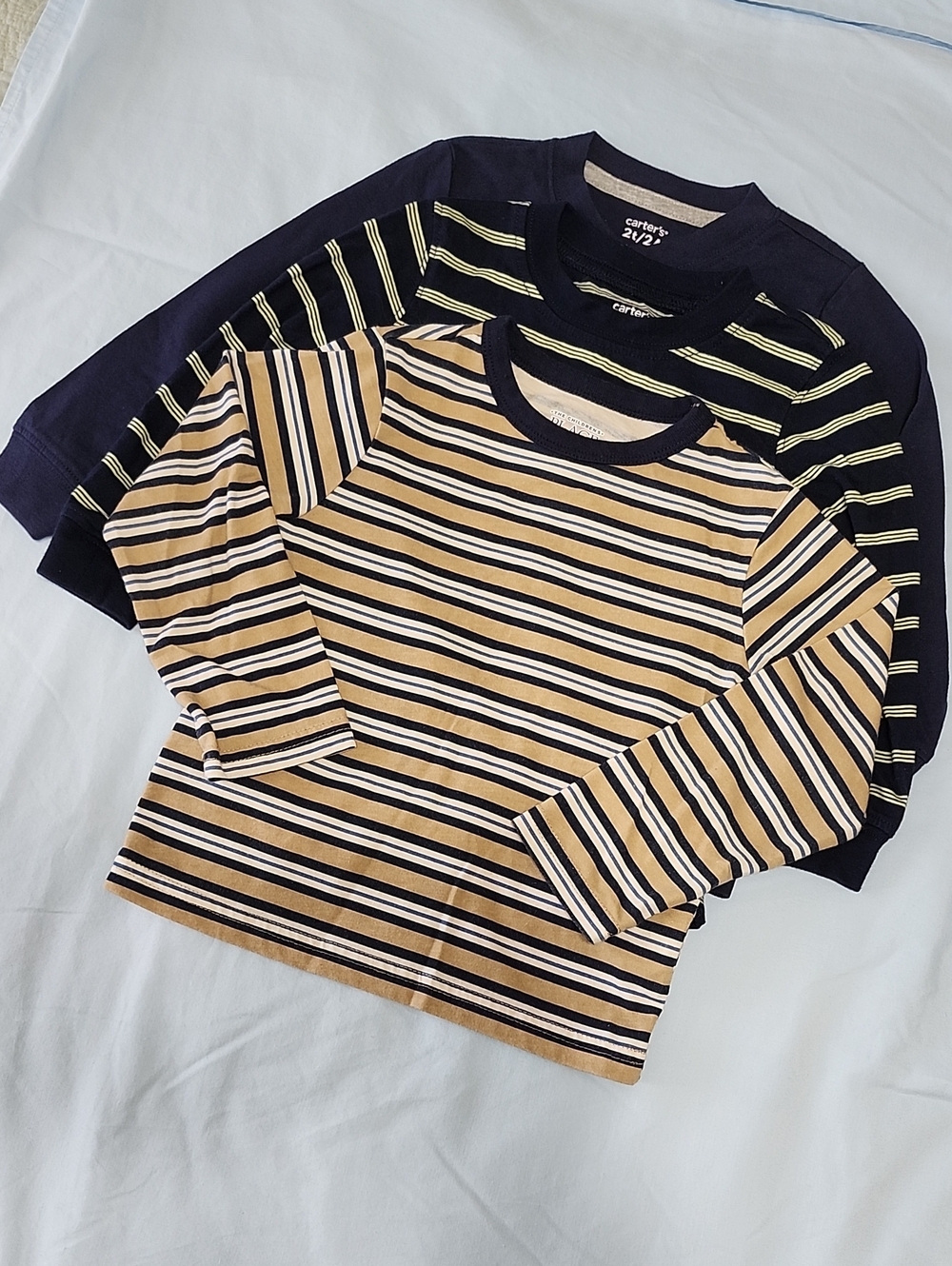 3 Carter's Kids Long-Sleeve Striped Tees — Navy, Tan & White - Picture 1 of 4